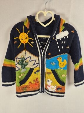 Source Unknown Hooded Zip Cardigan with Colorful Storybook Or Farm Embroidery 3T
